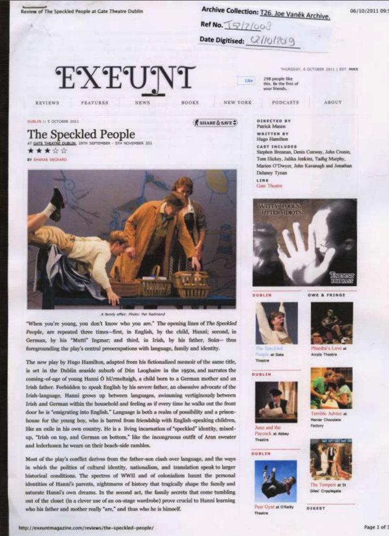 Press reviews of plays which feature design work by Joe Vaněk.