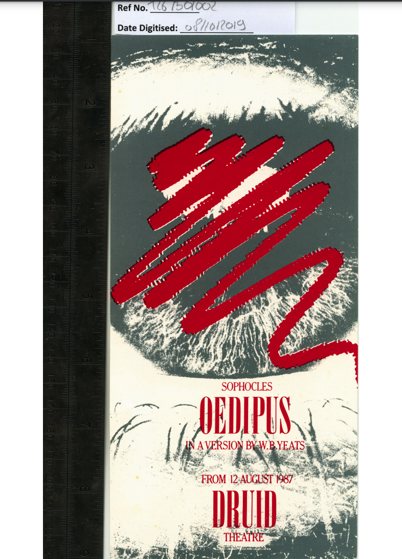 Leaflet for Oedipus by Sophocles, in a version by W.B. Yeats, produced by Druid Theatre Company (1987) designed by Joe Vanek