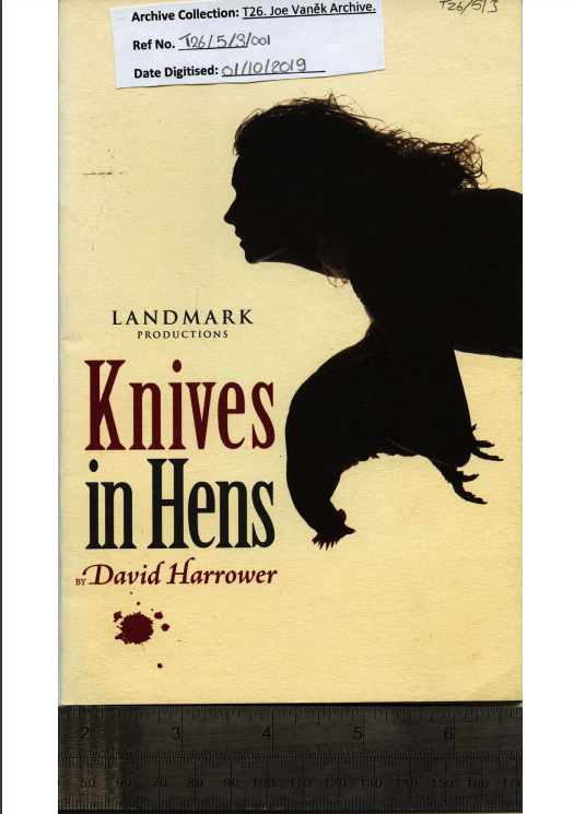 Printed programme from Landmark productions 'Knives in Hens', written by David Harrower, directed by Alan Gilsenan and designed by Joe Vaněk, Smock Alley Theatre, Dublin.