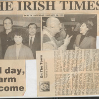 Press cutting from the Irish Times newspaper with coverage of events as part of the third Dublin International Theatre Symposium, organised by Pan Pan Theatre Company. Includes photographs of President of Ireland, Mary McAleese with Gavin Quinn, Artistic Director of Pan Pan, Sagae Kagaya, and Shinisi Nishikiori. Also pictured are Charles Kelly and Lorraine Leeson, pictured at the opening of the third Dublin International Symposium.  16 January 1999.