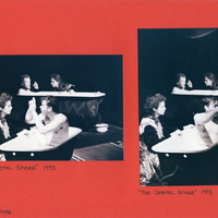 Two black-and-white photographs on red cardboard of Carmel Flanaghan and Senan Dunne in Pan Pan Theatre Company's The Crystal Spider