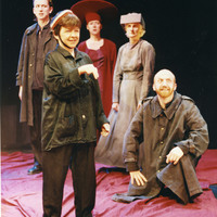Colour photograph of (l.t.r.) Tony Flynn, Elizabeth Conolly, Mary o'Driscoll, Jean o'Reilly, and Charles Kelly in Madamoiselle Flic Flac in the Red Room by Pan Pan Theatre Company