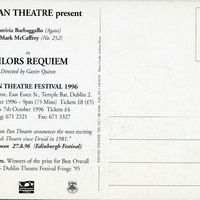 Black-and-white printed postcard for Tailors Requiem by Pan Pan Theatre Company