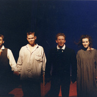 Colour photograph of five actors at the curtain call of The Man With Two Kisses by Pan Pan Theatre Company
