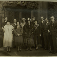 Black and white photograph of a number of Abbey actors outside the Theatre.