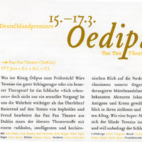 Colour printed programme of FFT Juta, Germany, listing Oedipus Loves You by Pan Pan Theatre Company