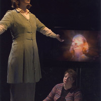 Colour photograph of (l.t.r.) Joanna Brookes and Grainne Byrne of Scarlet Theatre in The Chair Women, co-produced by Pan Pan Theatre Company