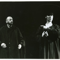Black-and-white photograph of Charles Kelly and Mary o'Driscoll in Madamoiselle Flic Flac in the Red Room by Pan Pan Theatre Company