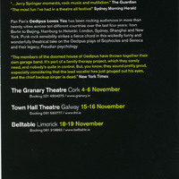Colour printed flyer for Oedipus Loves You by Pan Pan Theatre Company, detailing tour dates