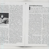 Press cutting from the Irish Theatre Magazine of article by Karen Fricker and Deirdre Mulrooney, with coverage and interviews regarding events as part of the third Dublin International Theatre Symposium, organised by Pan Pan Theatre Company, held at the Samuel Beckett Centre, Trinity College Dublin. January 1999.