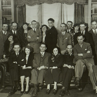 Black and white photograph of members of the Abbey touring part during the 1934-35 tour of North America.