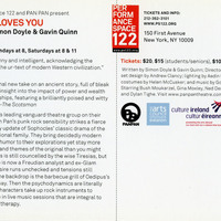 Colour printed Performance Space 122 postcard of the New York premiere of Pan Pan Theatre Company's Oedipus Loves You