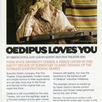 Colour printed programme for Brisbane Powerhouse Theatre's World Theatre Festival, listing Oedipus Loves You by Pan Pan Theatre Company