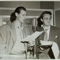 Black and white photograph of Arthur Shields and Bob Bruce in a radio studio.