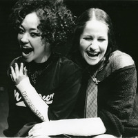 Black-and-white photograph of Ruth Negga and Katie Holmes in Amy the Vampire and her Sister Martina by Pan Pan Theatre Company