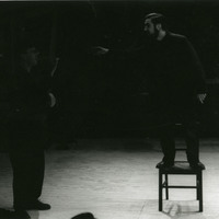 Black-and-white photograph of two actors in The Man With Two Kisses by Pan Pan Theatre Company