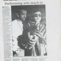 Press cutting from the Sunday Tribune newspaper with coverage by Karen Fricker of events as part of the third Dublin International Theatre Symposium, organised by Pan Pan Theatre Company, held at the Samuel Beckett Theatre, Trinity College Dublin. 17 January 1999. Includes image of actors Phelim Drew and Natalie Stringer who performed in Loose Canon's production of 