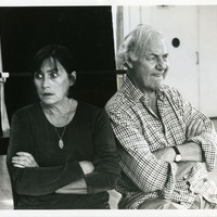 Black-and-white photograph of Fedelma Cullen and Harry Towb in rehearsal for Mr Staines by Pan Pan Theatre Company
