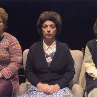Colour photograph of (l.t.r.) Joanna Brookes, Jasmina Daniel and Grainne Byrne of Scarlet Theatre in The Chair Women, co-produced by Pan Pan Theatre Company