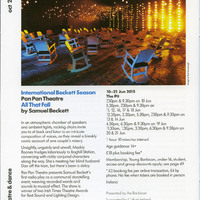 Colour printed programme listing from Barbican Arts Centre, London, listing Pan Pan Theatre Company's All That Fall