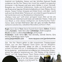 Colour printed programme of the Projektion Europa festival in Bern, Germany, listing Pan Pan Theatre Company's Oedipus Loves You