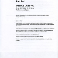 Colour printed programme for Oedipus Loves You by Pan Pan Theatre Company at Wexner Center for the Arts, Ohio State University