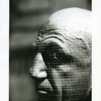 Black-and-white photograph of Charles Kelly as Mussolini Frog in Cartoon by Pan Pan Theatre Company