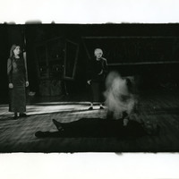 Black-and-white photograph of four actors performing Martin Assassin of his Wife by Pan Pan Theatre Company