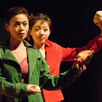 Colour photograph of a performance of The Playboy of the Western World by Pan Pan Theatre Company in the Orienal Pioneer Theatre, Beijing