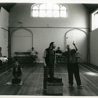 Black-and-white photograph of a rehearsal for Peepshow by Pan Pan Theatre Company
