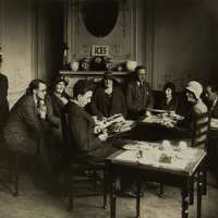 Black and white photograph of Arthur Shields and the same Abbey actors pictured in T13/B/358 sitting in a tea room.