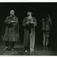 Black-and-white photograph of Charles Kelly, Mary o'Driscoll and a third actor in Madamoiselle Flic Flac in the Red Room by Pan Pan Theatre Company