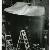 Black-and-white photograph of the workplace where the venue for Pan Pan Theatre Company's CITY was being constructed, based on designs by Andrew Clancey
