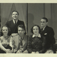 Black and white photograph of Arthur Shields, Aideen O'Connor, F.R. Higgins, an other man and an other woman.