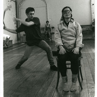 Black-and-white photograph of a rehearsal for Peepshow by Pan Pan Theatre Company