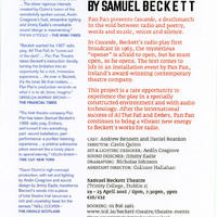 Colour printed flyer for Cascando by Pan Pan Theatre Company at the Samuel Beckett Theatre